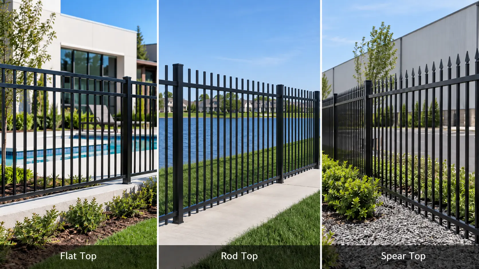 Flat top, rod top and spear top fence styles compared side by side