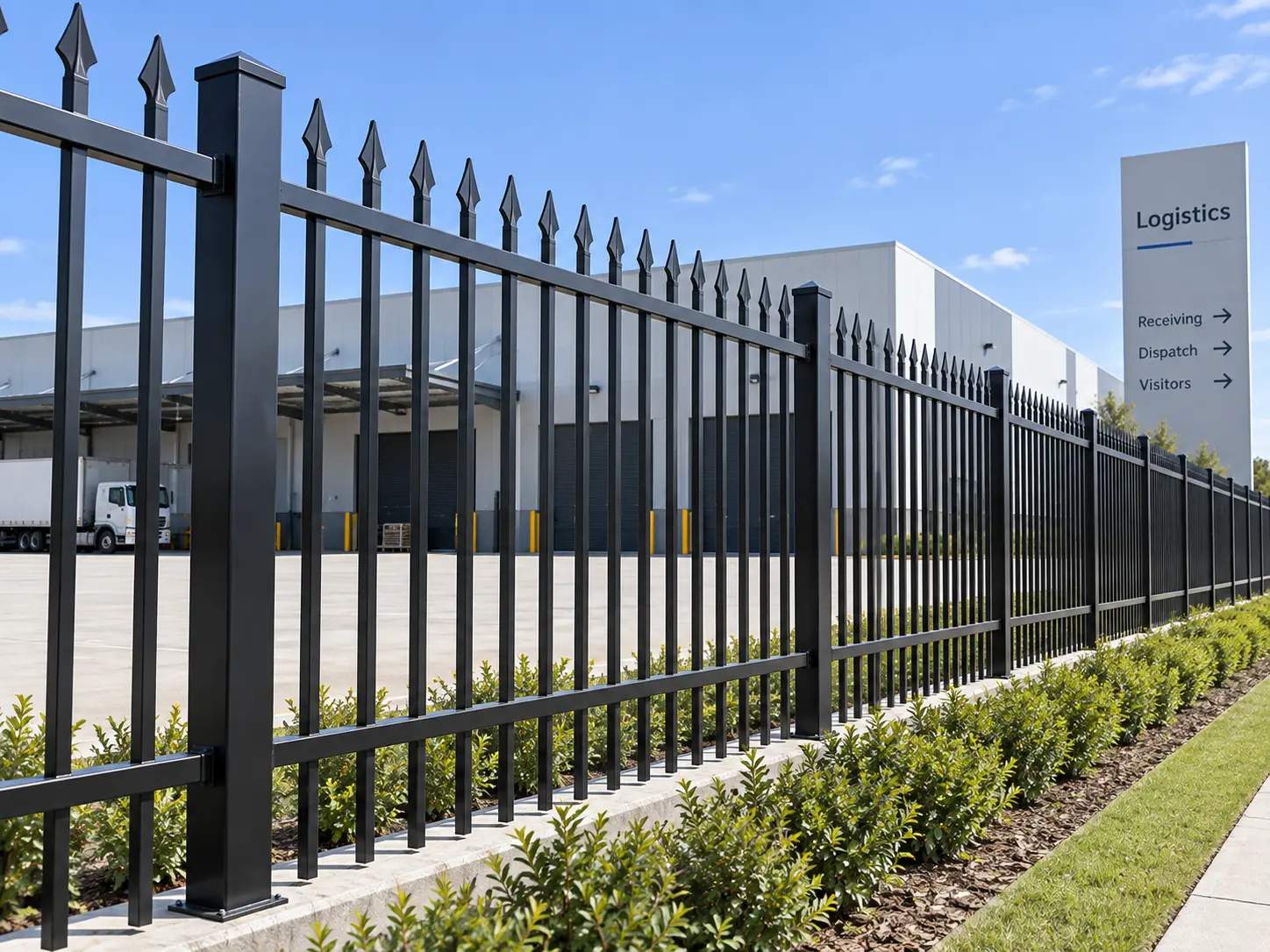 Illustration of spear top fencing around a warehouse perimeter