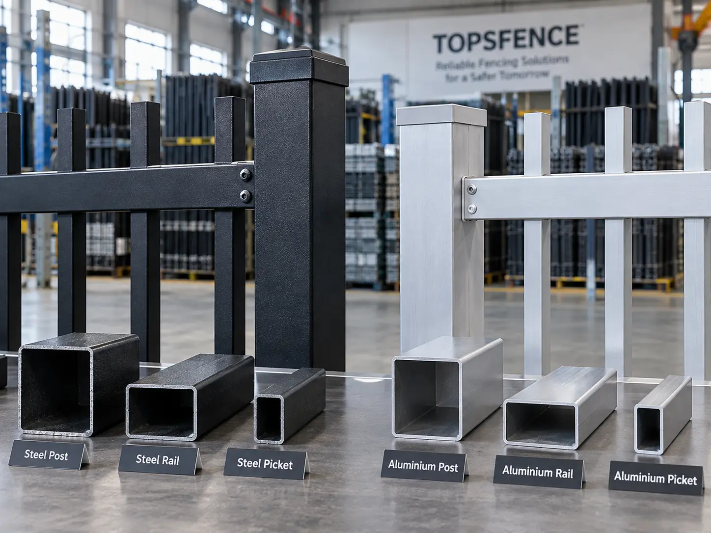Illustrated comparison of steel and aluminium fence posts, rails and picket sections