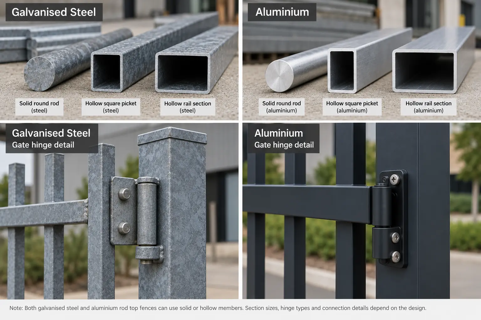 Steel and Aluminium Fence Sections and Gate Hinges Illustration comparing steel and aluminium solid rods, hollow pickets, hollow rails and gate hinge connections.