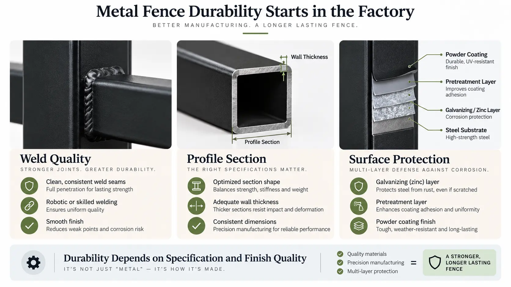 Illustration of steel fence welds, profile wall thickness and protective coating layers