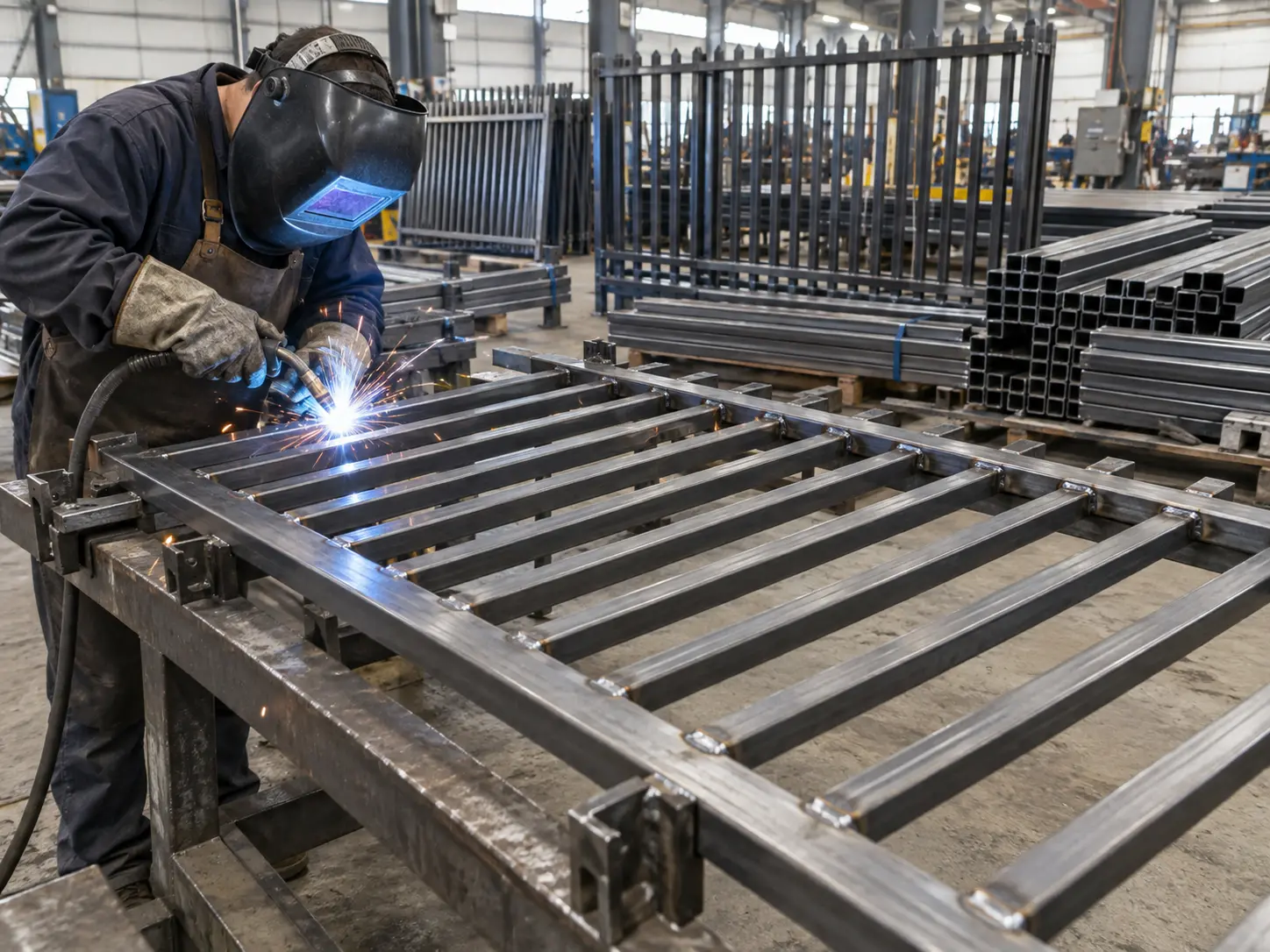 Illustration of steel fence panel welding and fabrication with rails and vertical profiles