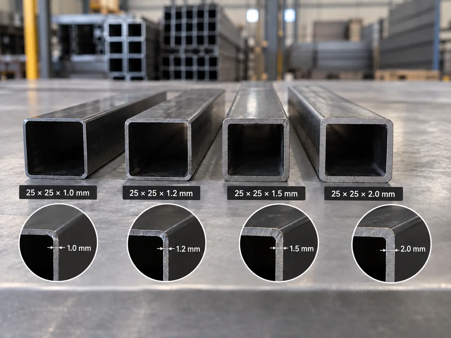 Illustration of steel fence profile size and wall thickness with four labelled square tube sections