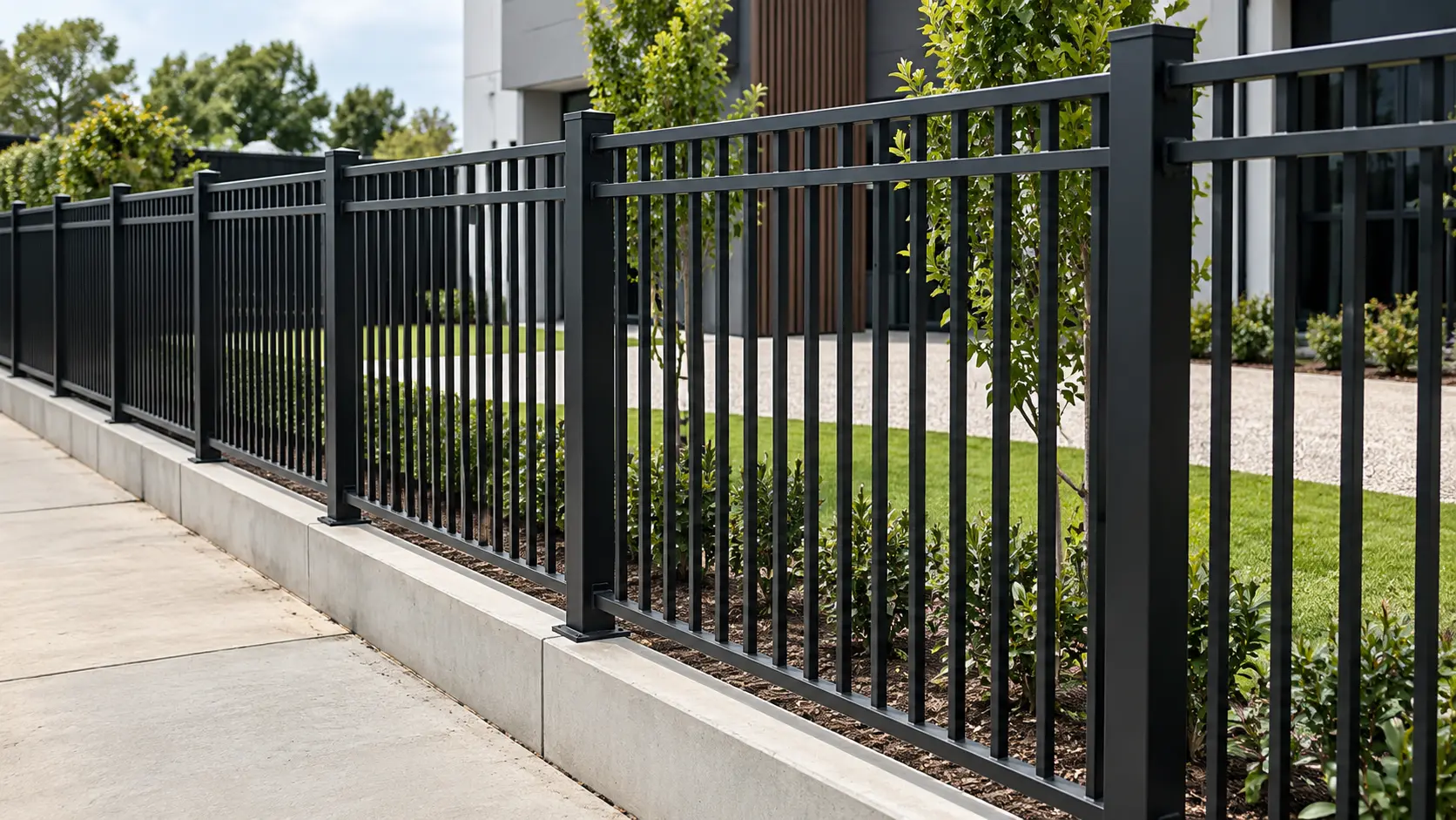 Black steel fence panels and posts along a landscaped property boundary