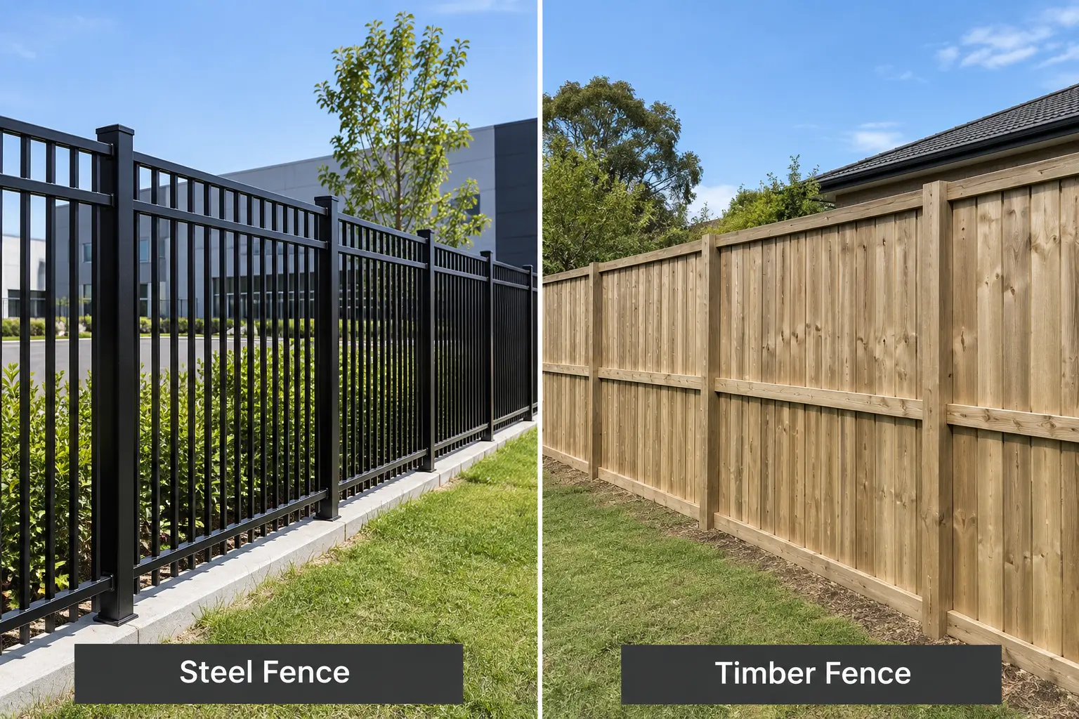 Steel vs timber fencing comparison showing black steel panels and a solid timber fence