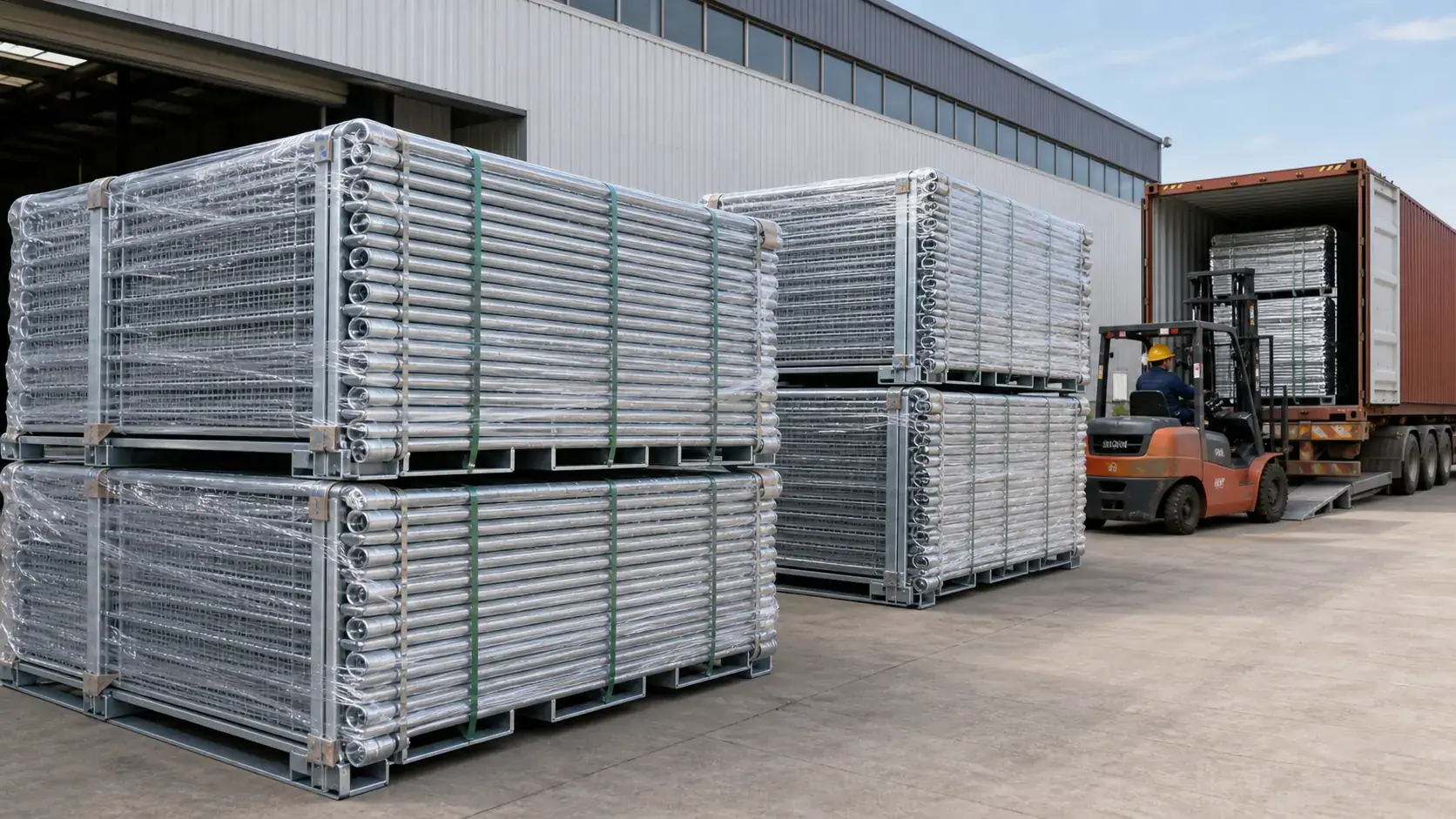 Temporary fence panels stacked on pallets for export packing and container loading