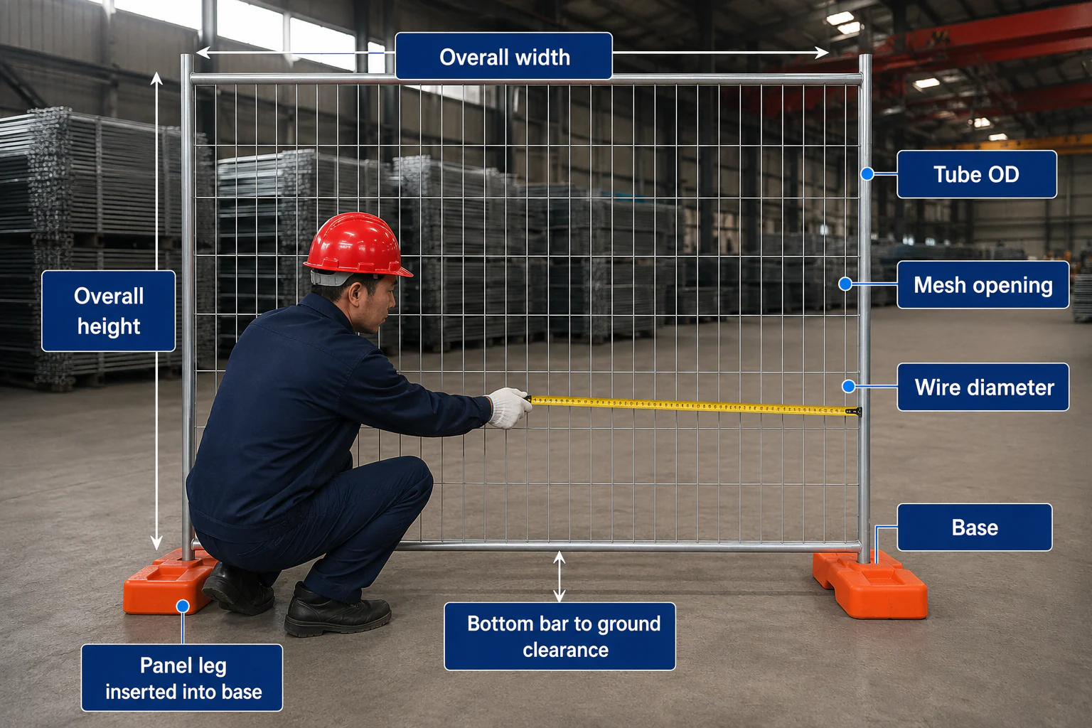 Factory worker measuring a welded-mesh temporary fence panel with labeled width, height, tube, mesh, wire, base and ground-clearance checks