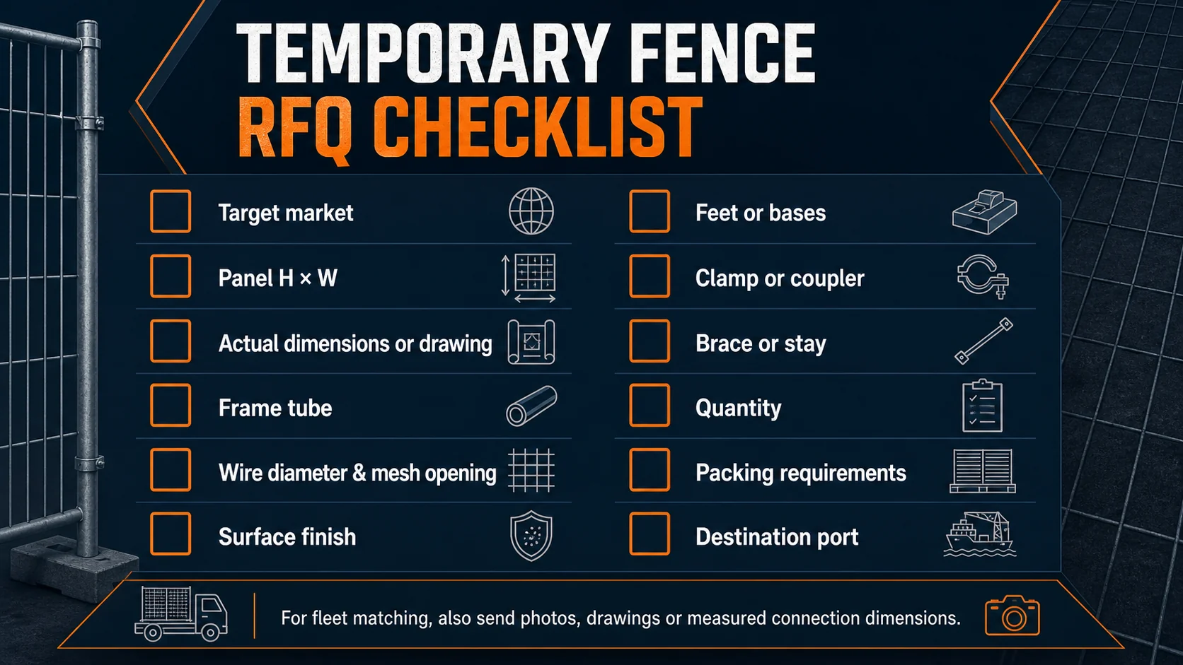 Temporary Fence RFQ Checklist for Importers and Rental Companies Temporary fence RFQ checklist for importers and rental companies