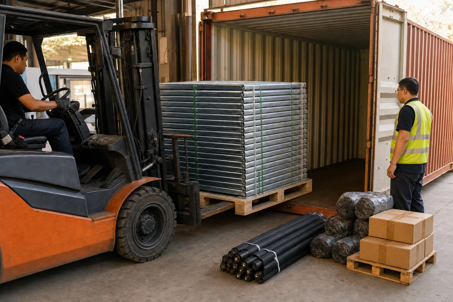 Temporary pool fence panels secured on a wooden export pallet and loaded into a shipping container