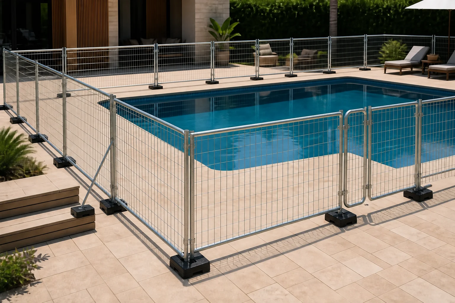 Custom galvanized temporary pool fence layout around a completed pool
