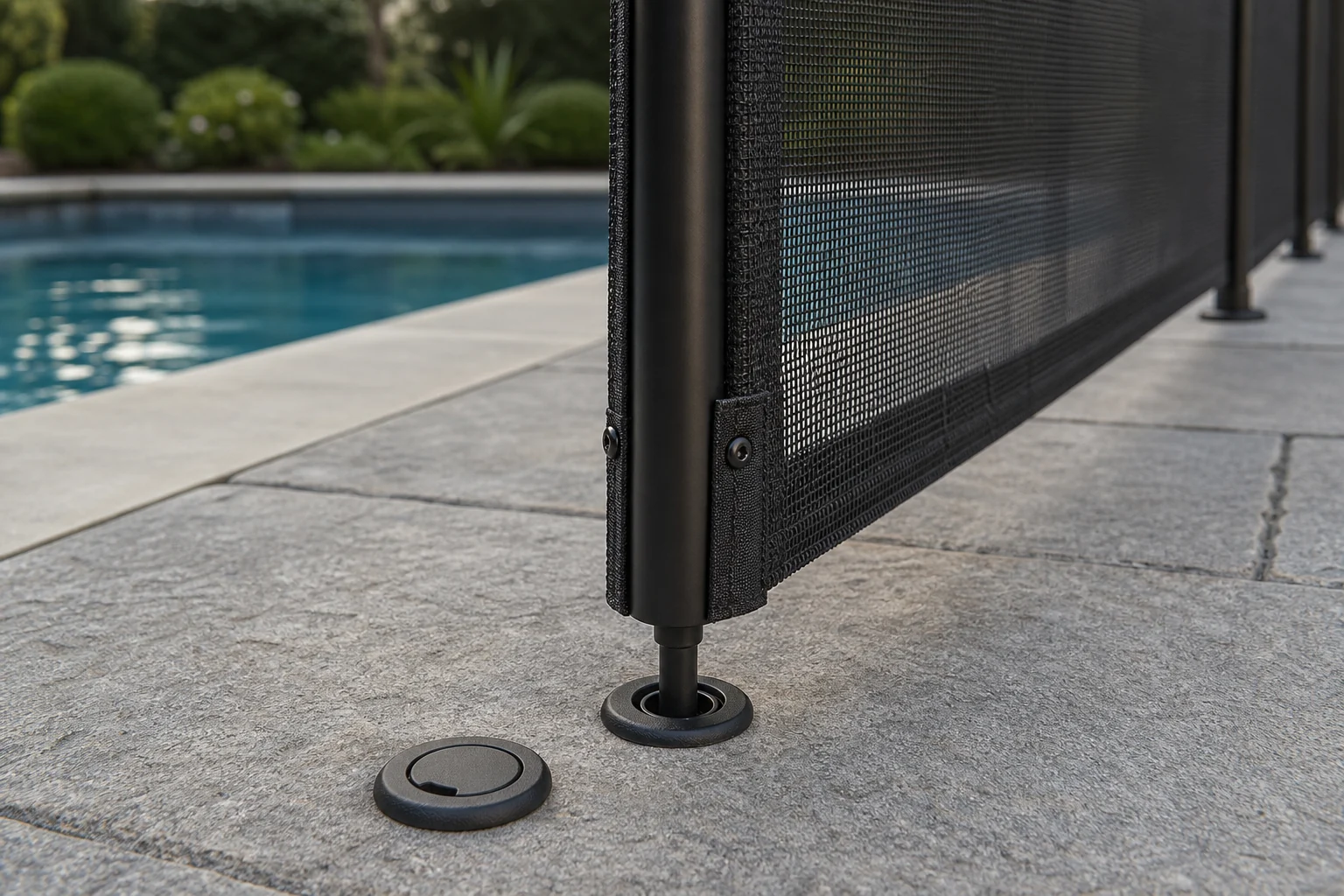 Soft-mesh pool fence pole fitted into a flush deck sleeve beside its protective cap