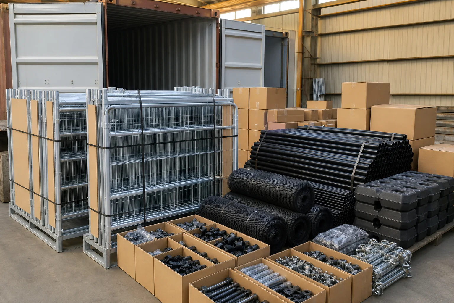 Temporary pool fence panels, mesh rolls, poles, bases and hardware prepared for export packing