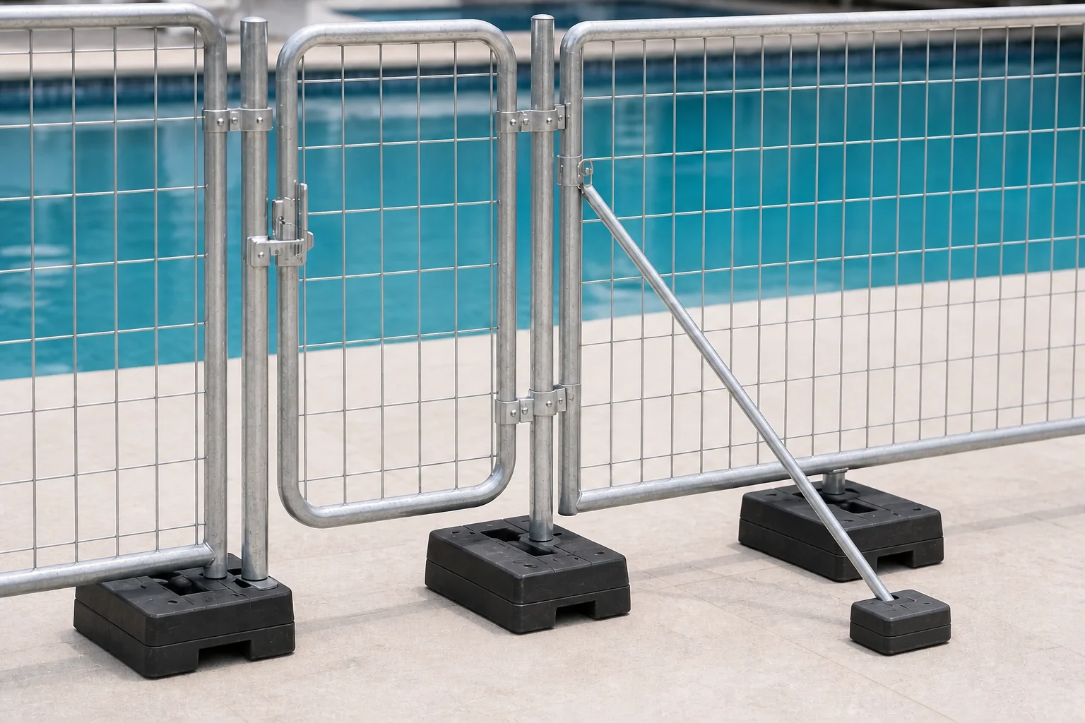 Temporary pool fence gate, clamps, weighted bases and support stay