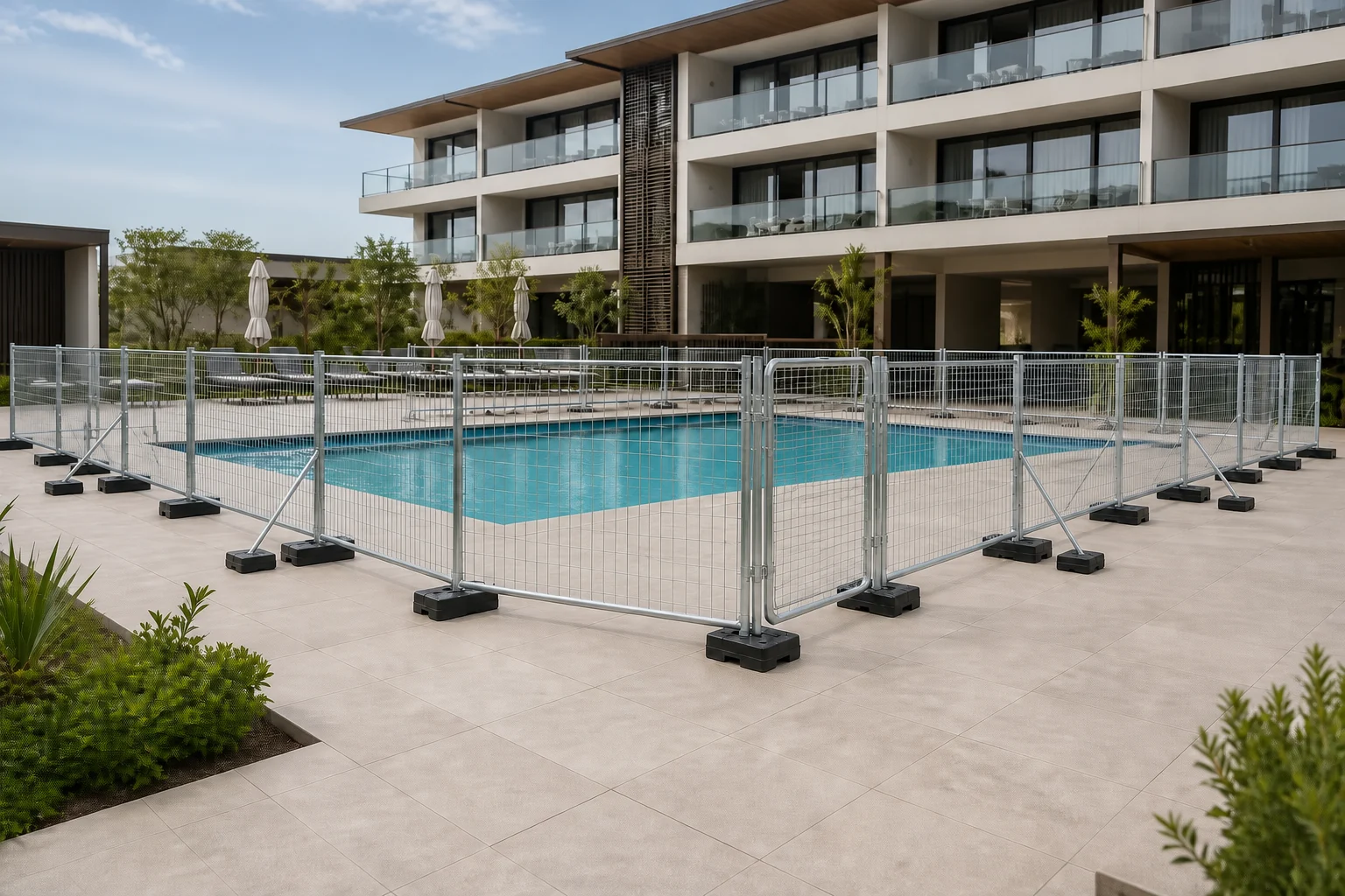 Complete galvanized temporary pool fence system at a commercial pool