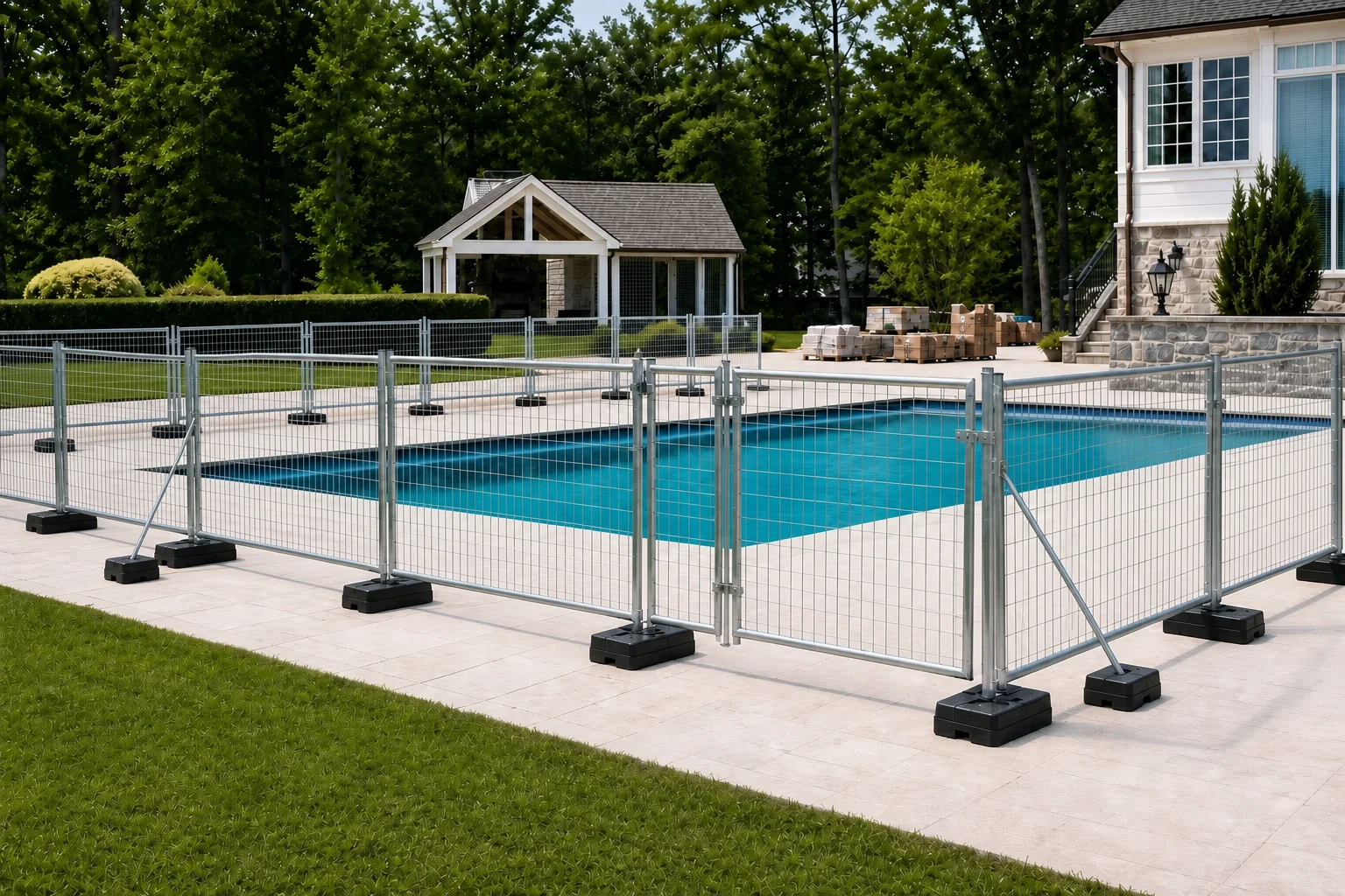 Galvanized steel temporary pool fence panels with weighted bases and matching gate