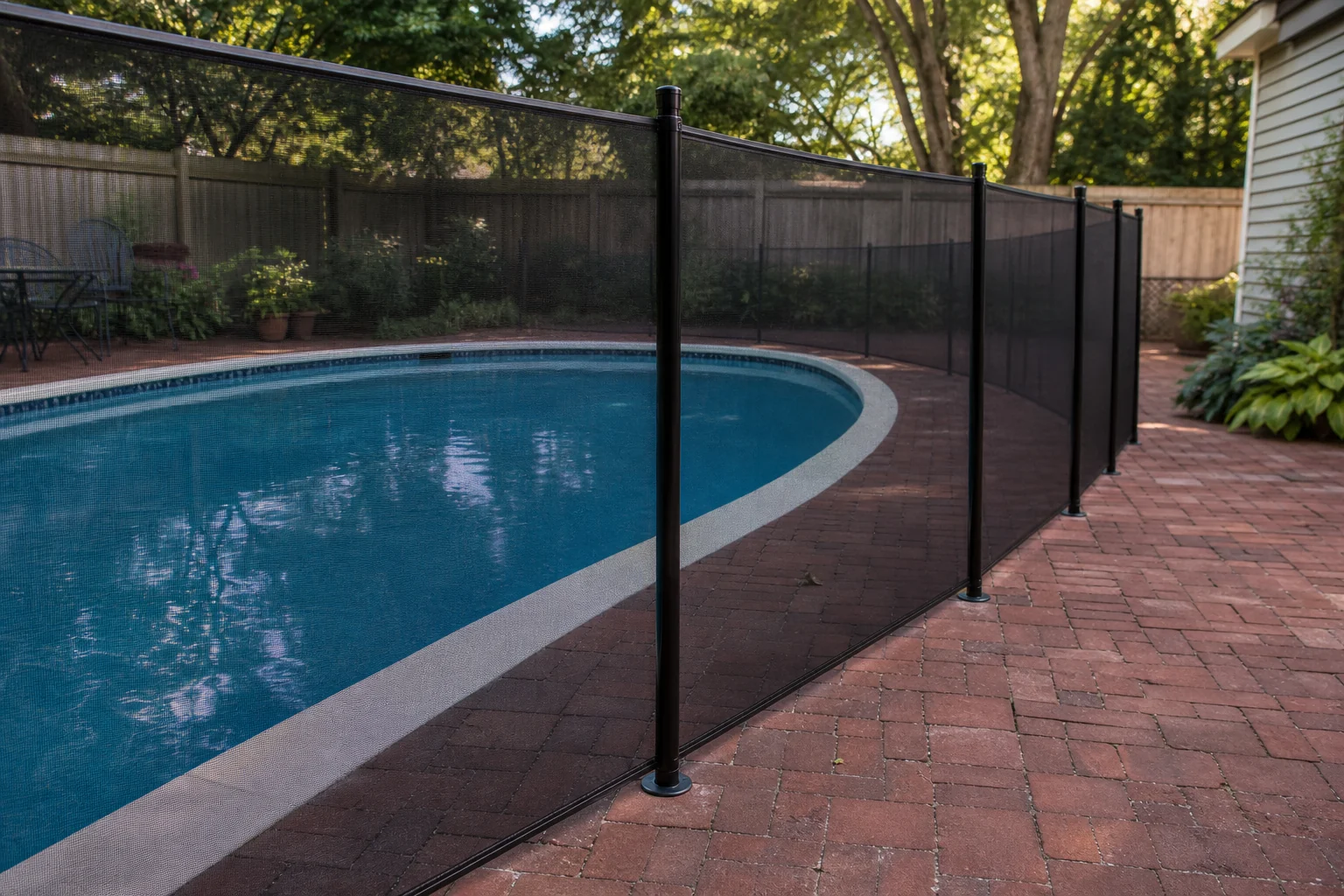Removable soft-mesh temporary pool fence following a curved completed pool deck