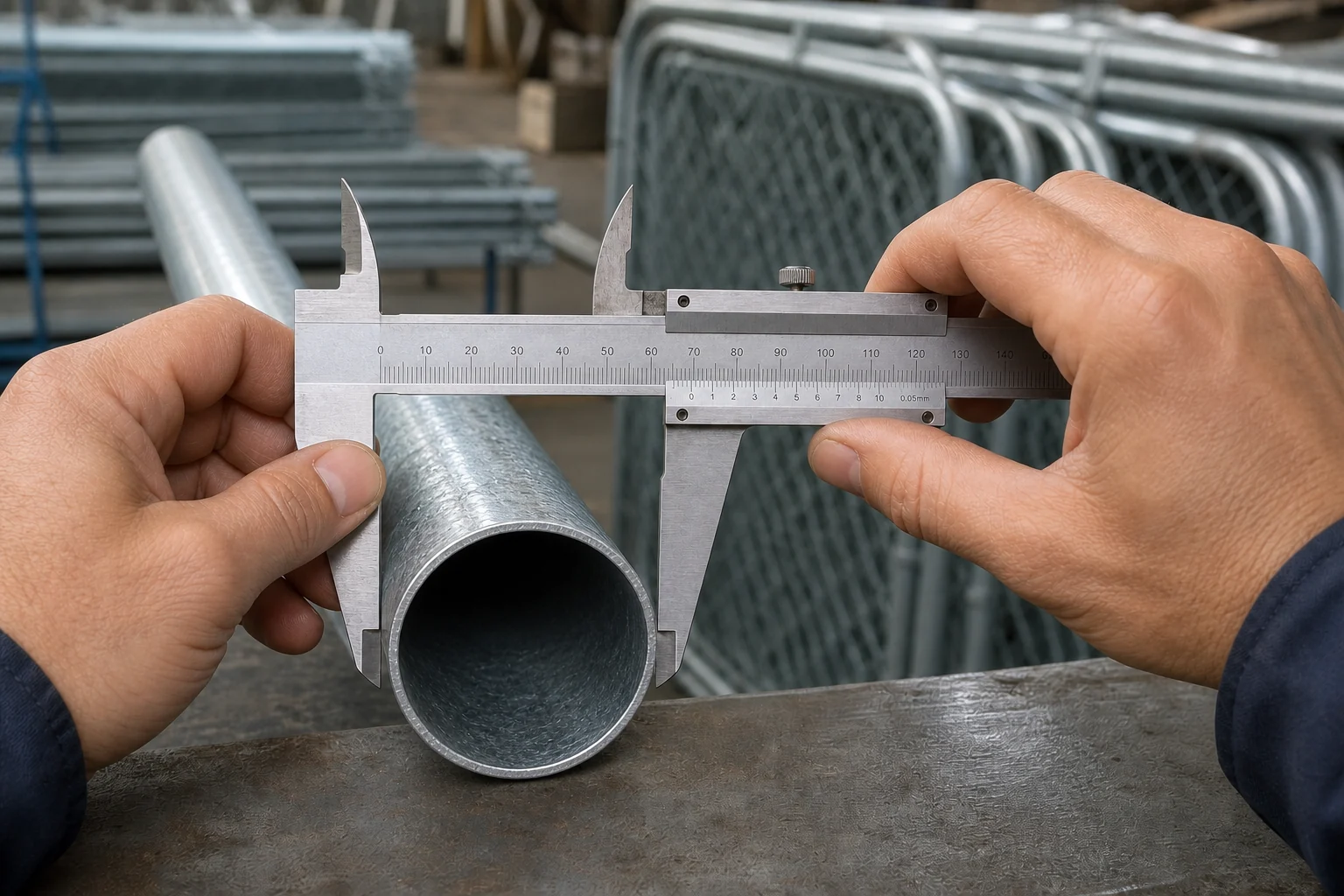 Fence factory worker checking temporary pool fence component dimensions with a vernier caliper
