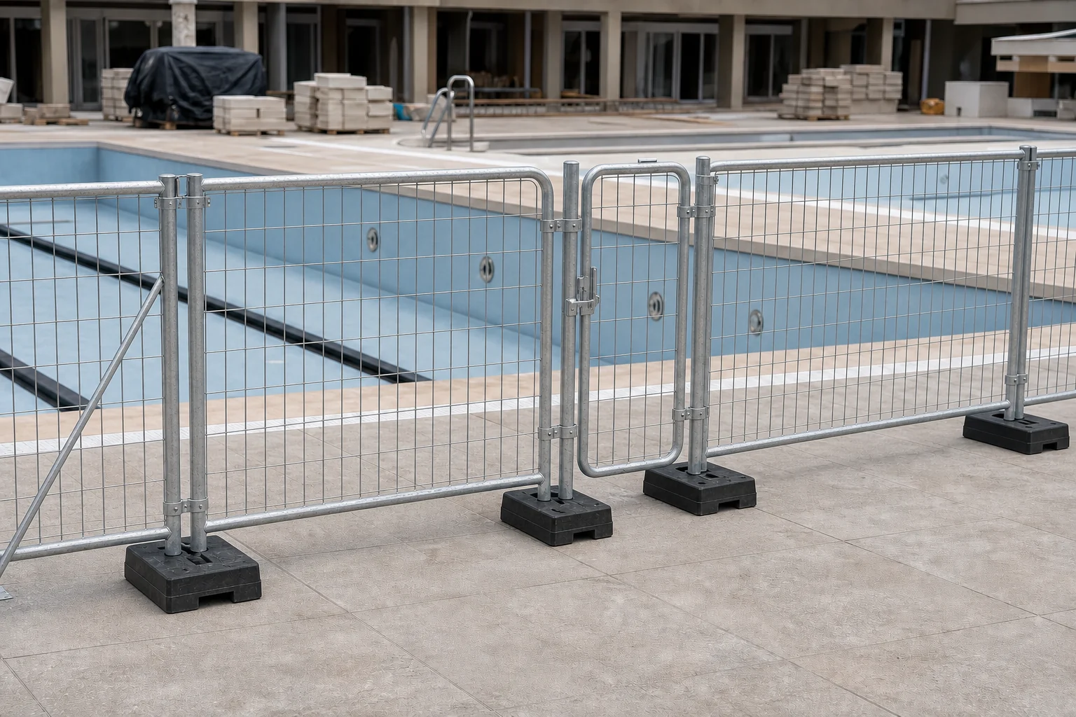 Galvanized round-tube welded-mesh temporary pool fence bays with weighted bases, clamps, stay and matching gate