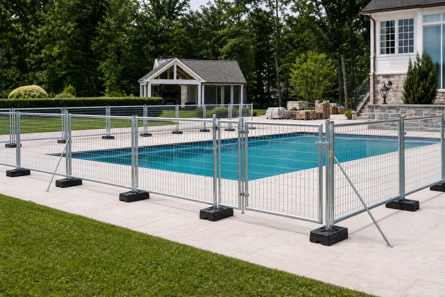No-drill galvanized temporary pool fence panels with weighted bases and a matched gate