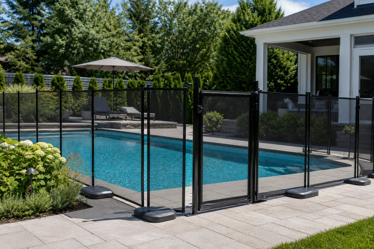 Temporary pool fence installed around a residential swimming pool with a matching gate