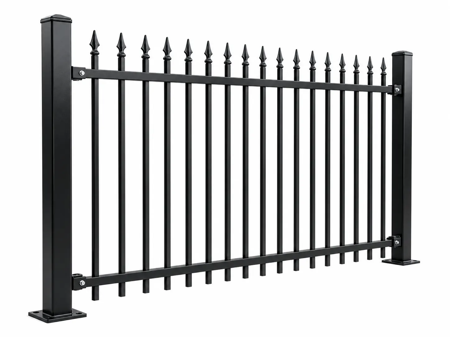 Black powder coated garrison fence with spear top pickets