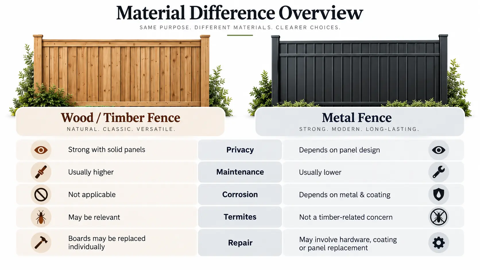 Wood and metal fence comparison covering privacy, maintenance, corrosion, termites and repair