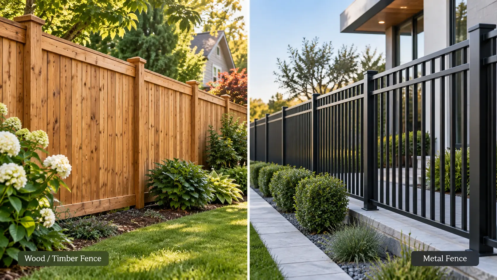 Timber privacy fence and black metal picket fence beside residential gardens