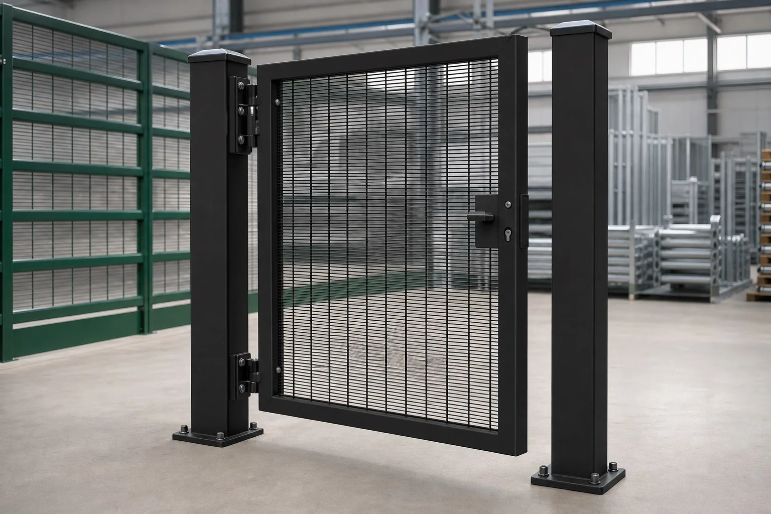 Matching black pedestrian gate with 358 anti-climb mesh infill