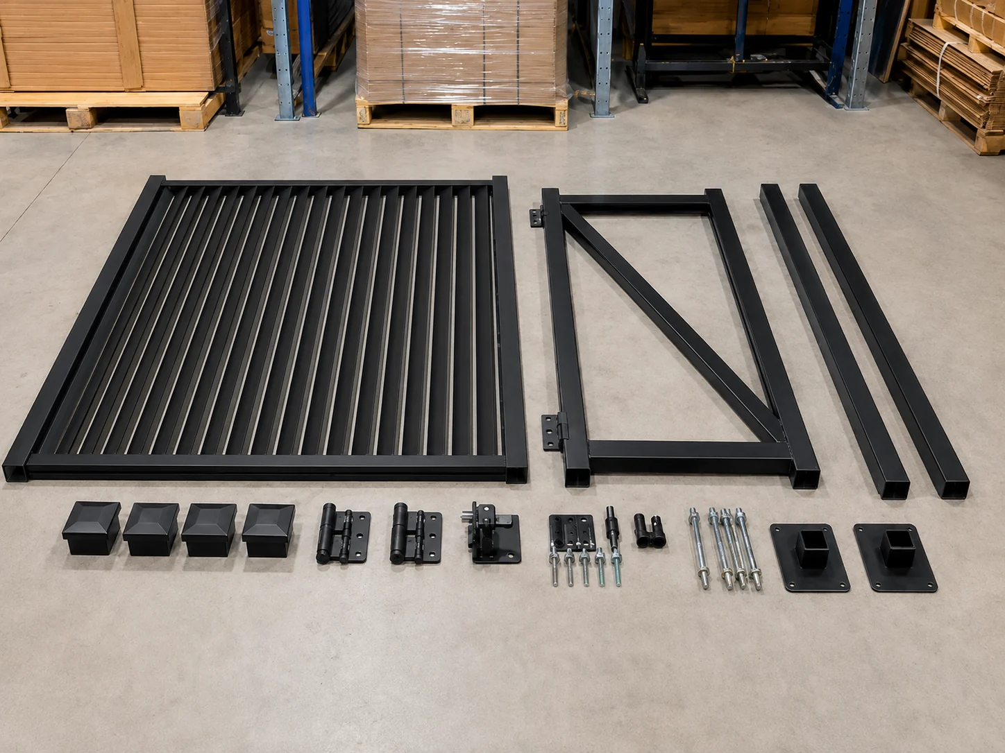 Black 45 degree blade fence panel, matching gate frame, posts, caps, hinges, latch, anchors and base plates arranged as a complete kit