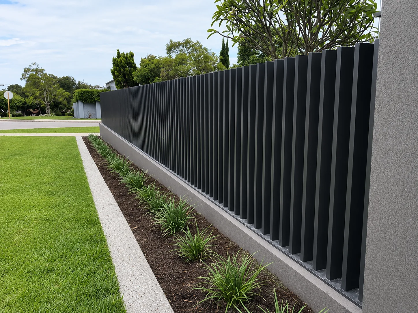 Long black aluminium blade fence beside a landscaped residential lawn
