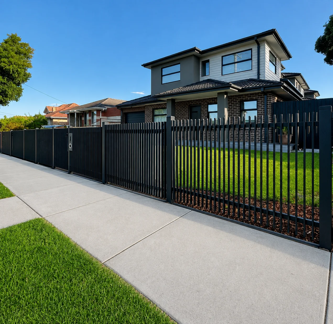 Black aluminium blade fencing with matching gates across a residential frontage