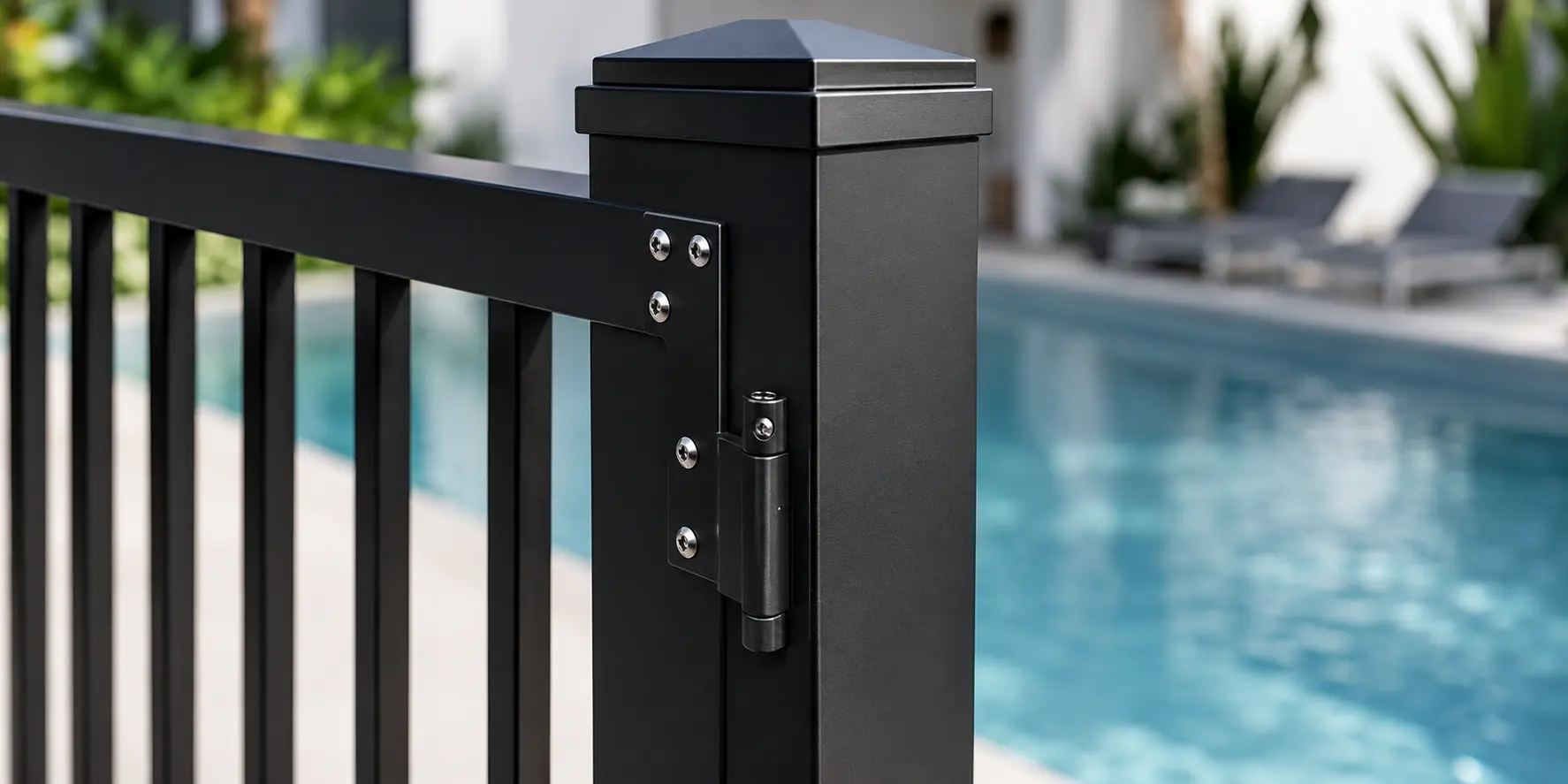 Close view of aluminium pool fence fixing parts and panel connection
