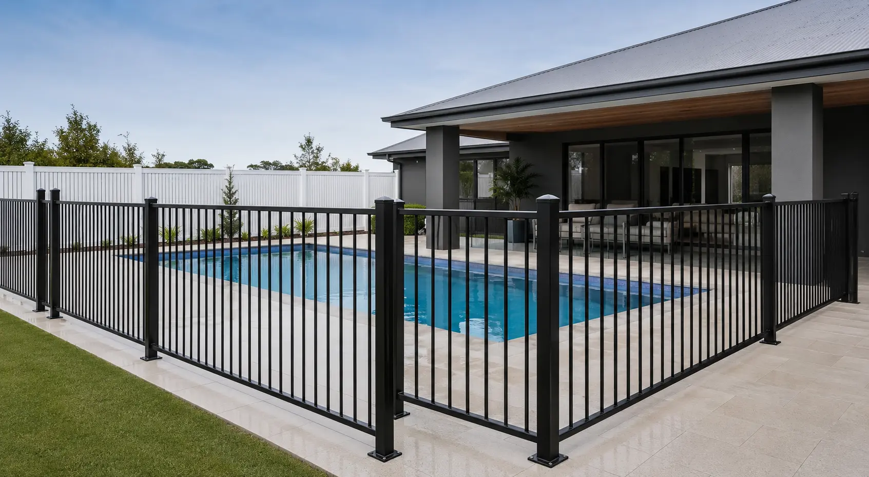 Complete aluminium pool fencing system with panels, posts, gate and hardware