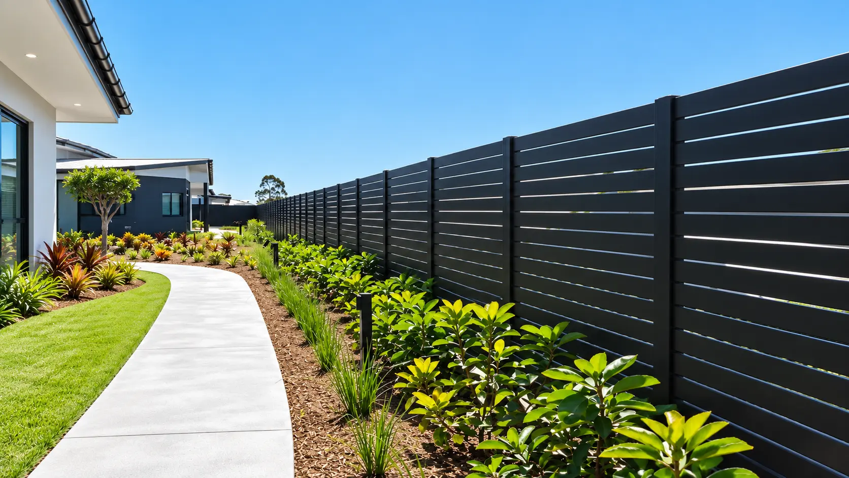 Black horizontal fence panels along a landscaped garden path beside a modern home