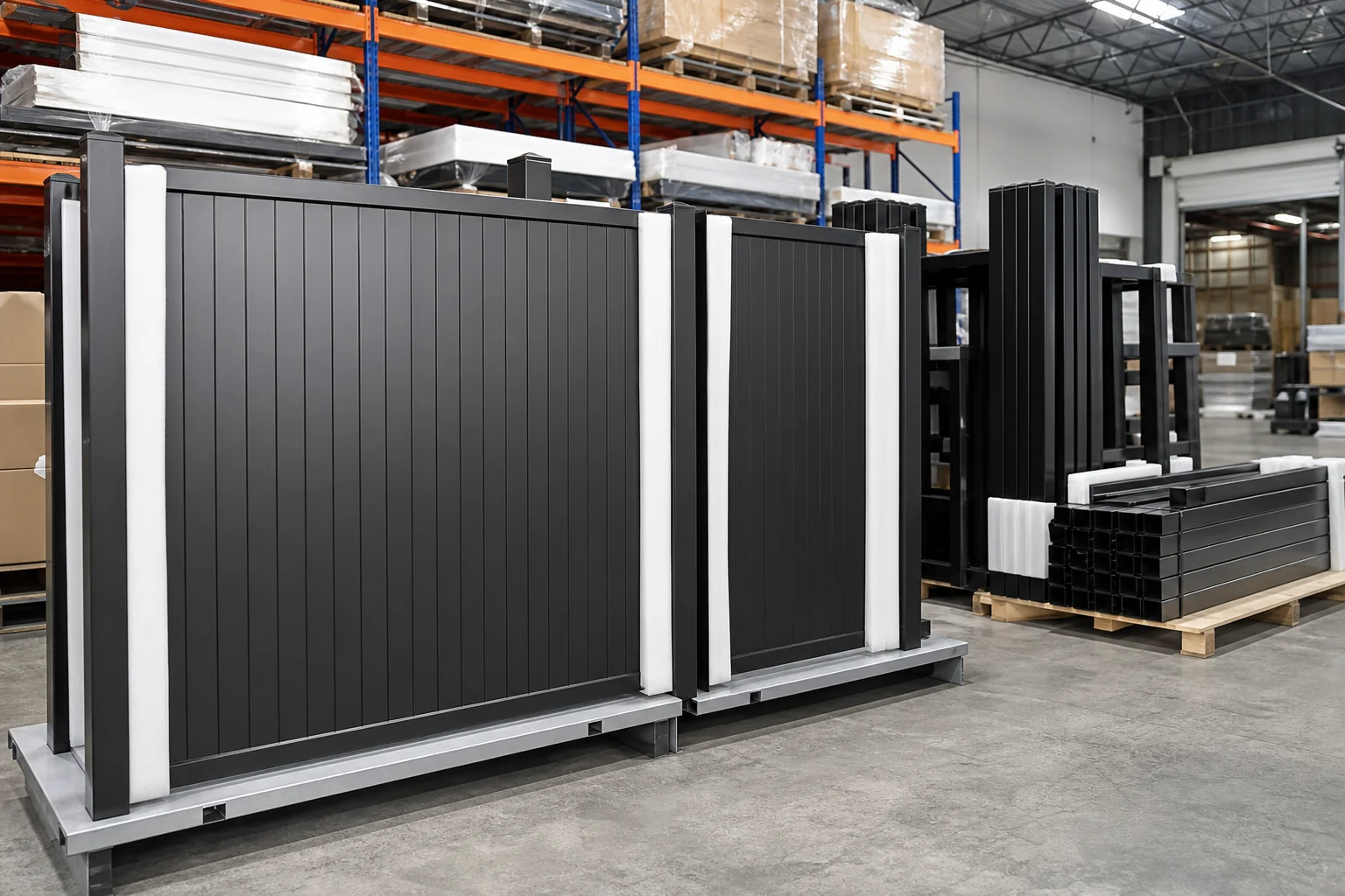 Aluminum privacy fence panels posts and gate frames prepared on warehouse racks for contractor supply