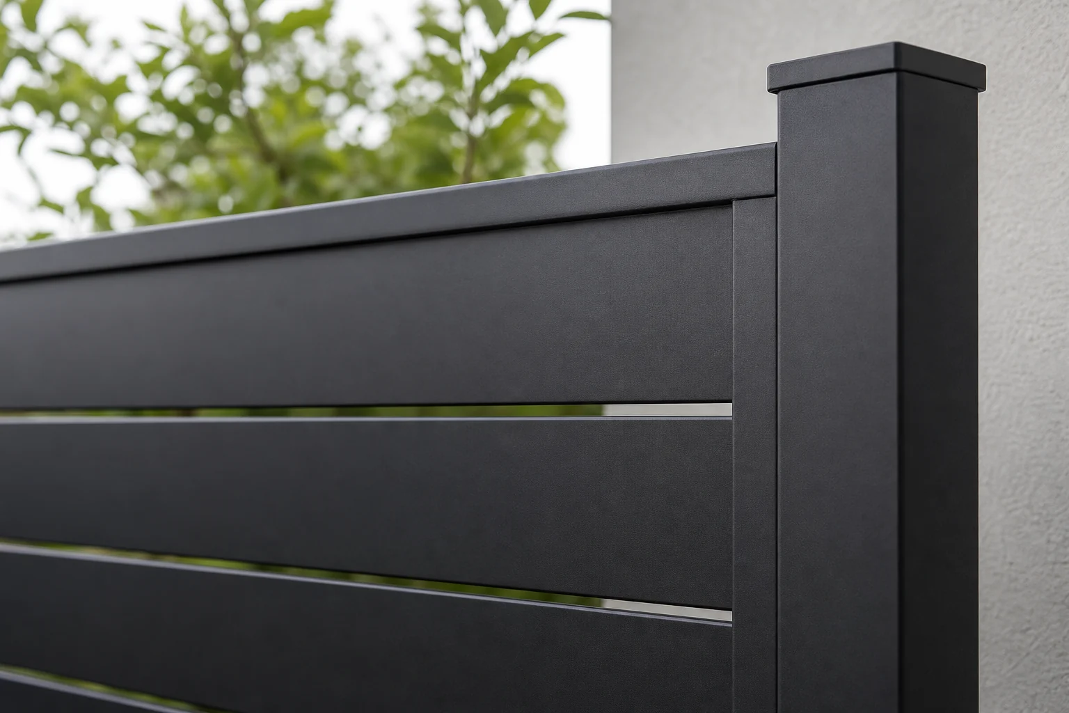 Matte black powder coated aluminum privacy fence slats and square post close-up