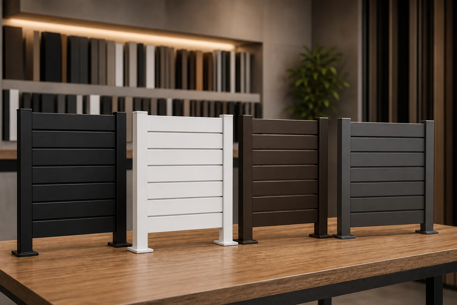 Aluminum privacy fence color sample panels in black white bronze and dark grey