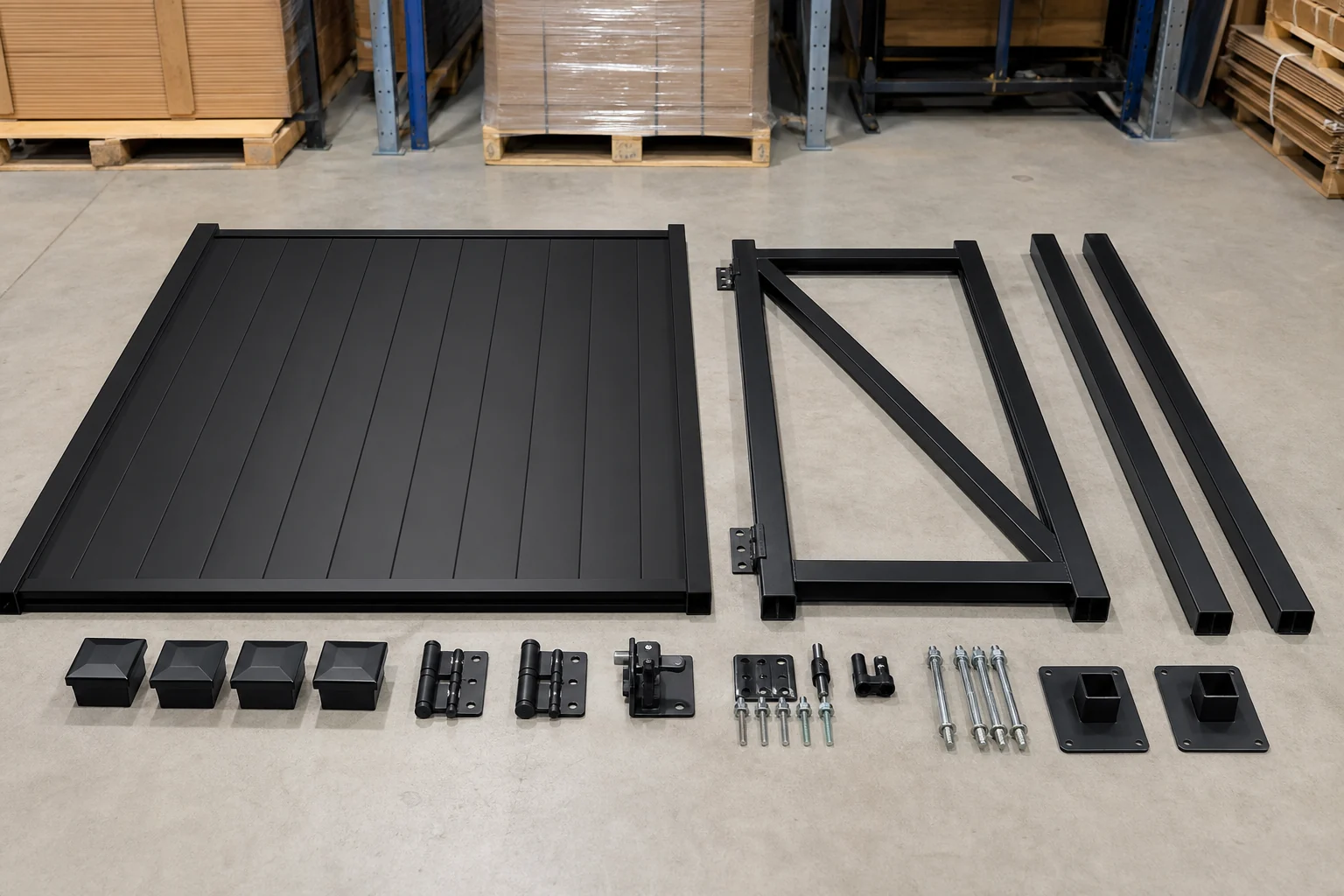 Complete aluminum privacy fence kit with panel gate posts hinges latches and base plates