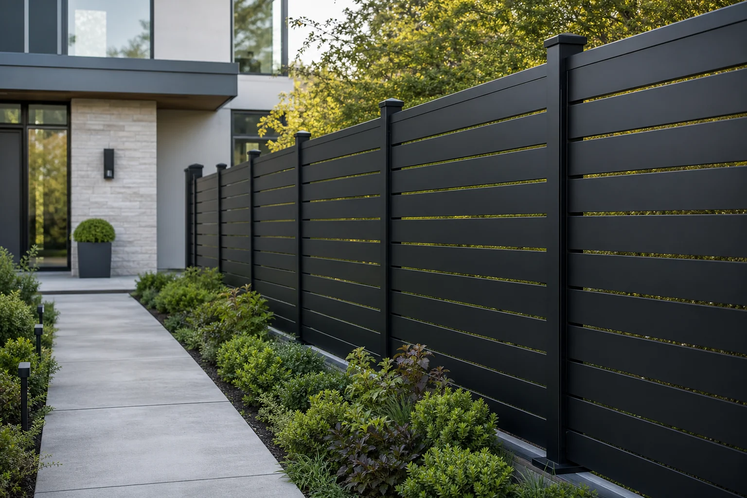 Black aluminum privacy fence panels installed beside a residential garden walkway