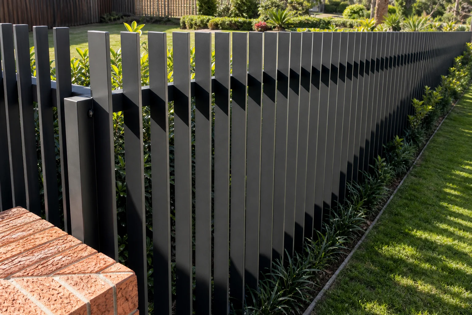 Angled steel blade fence panels creating privacy along a landscaped garden boundary
