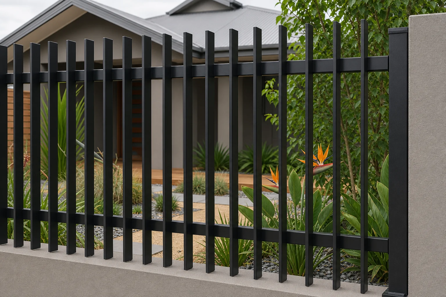 Installed steel blade fence panel showing vertical blades, rails and end post