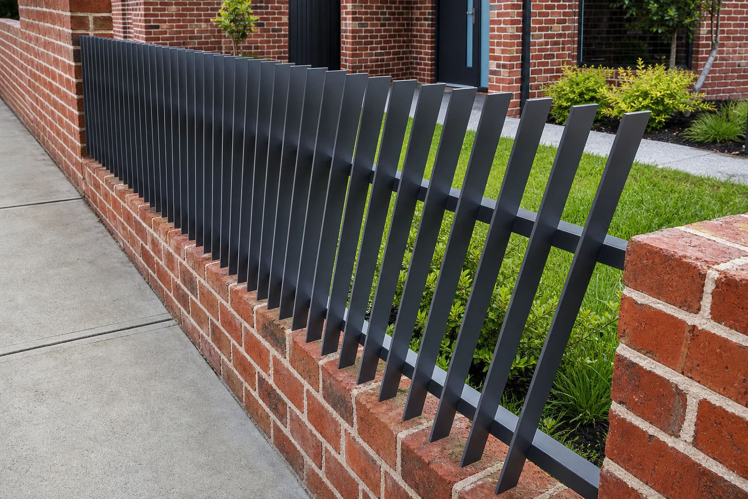 Custom angled steel blade fence panel installed along a low brick boundary wall