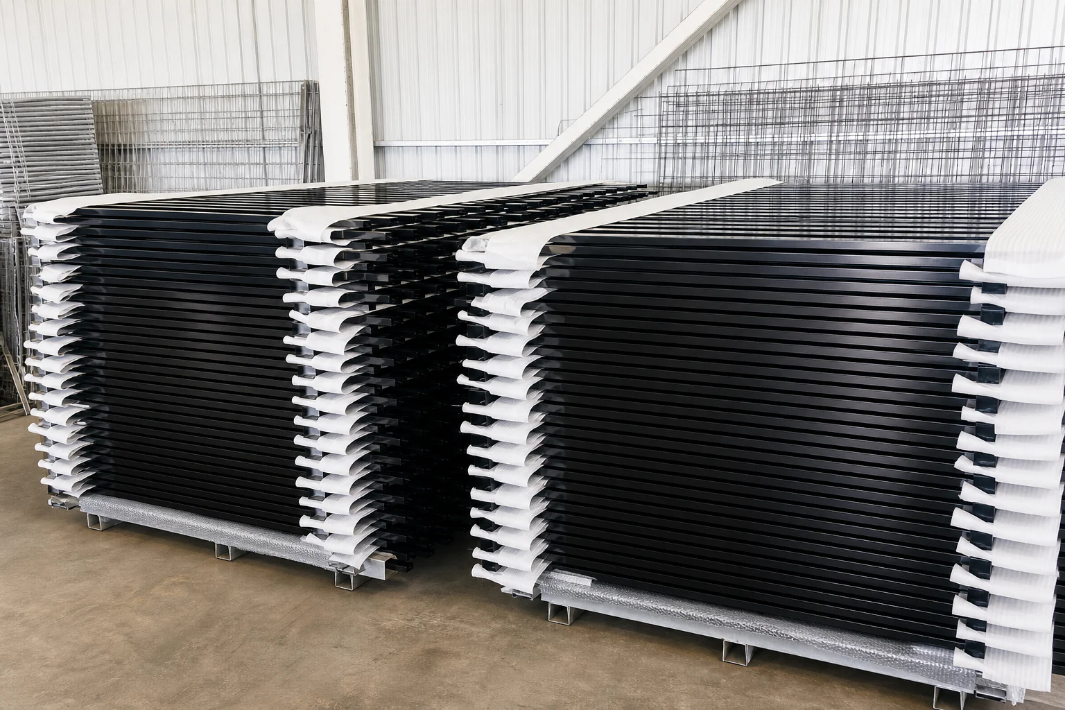 Factory-packed steel blade fence panels