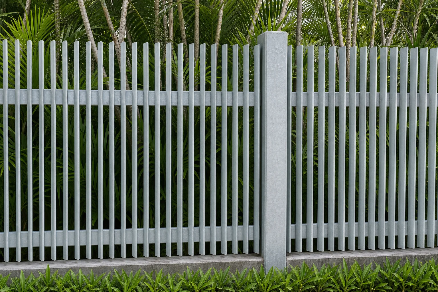 Galvanized steel blade fence panels showing zinc finish and post alignment