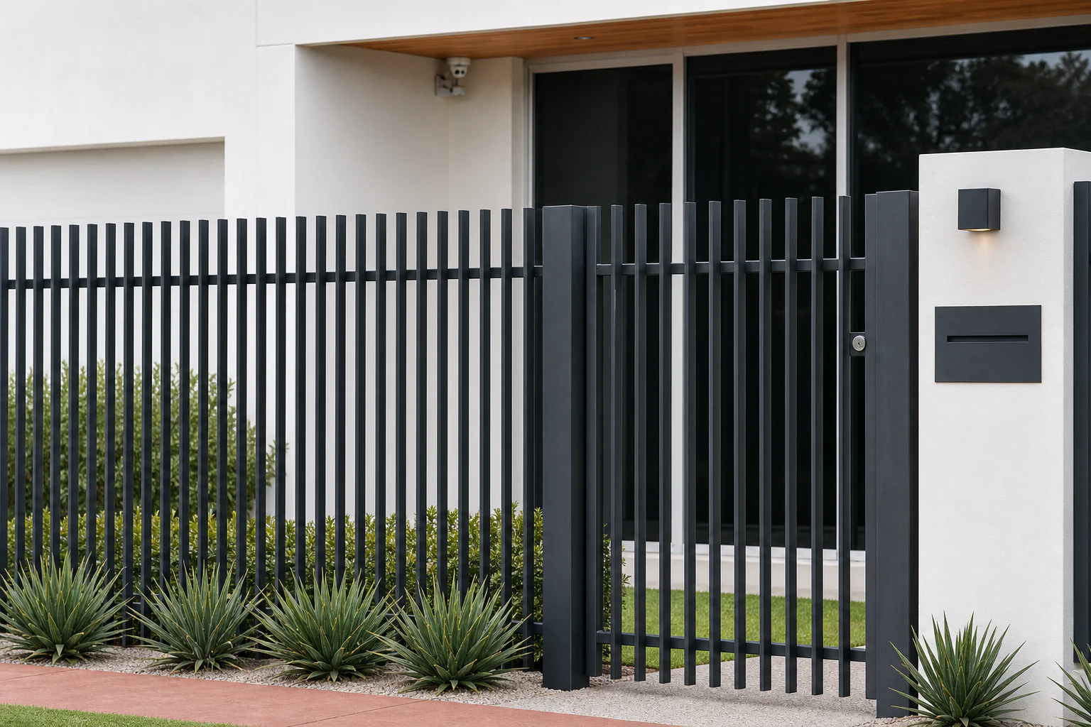 Matching steel blade fence gate