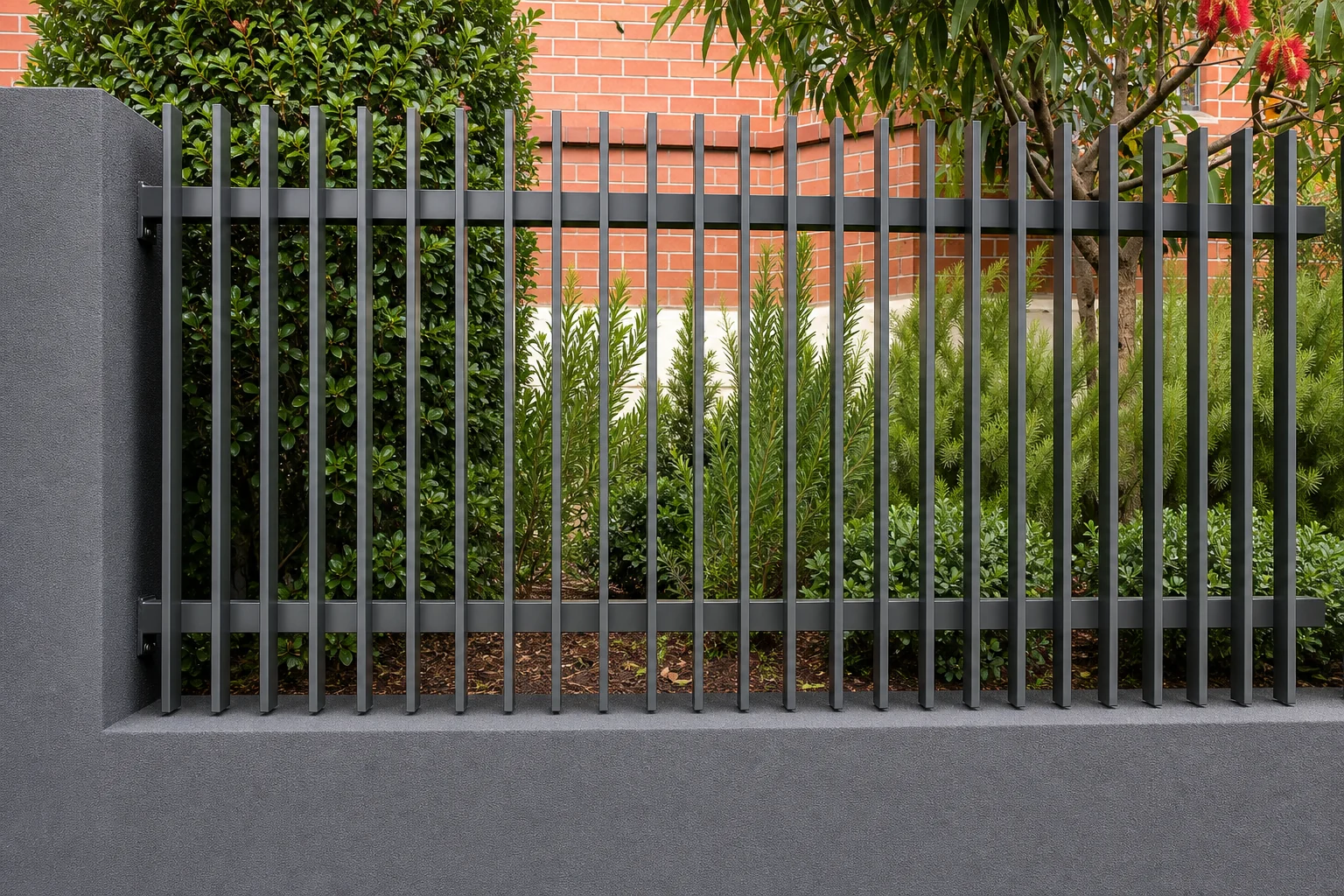 Black steel blade fence panels installed between masonry piers in a landscaped garden