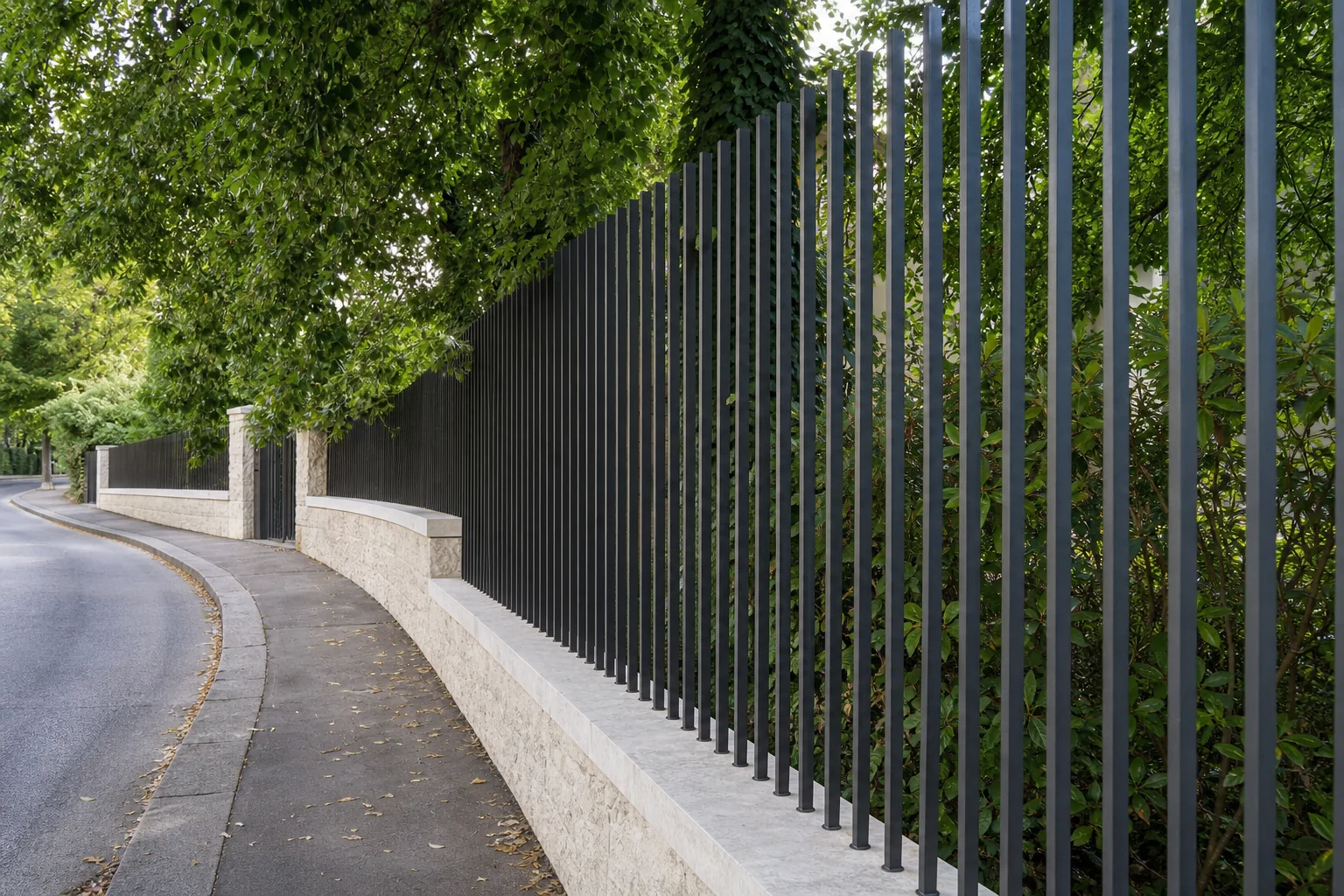 Long black steel blade fence installation following a curved landscaped boundary