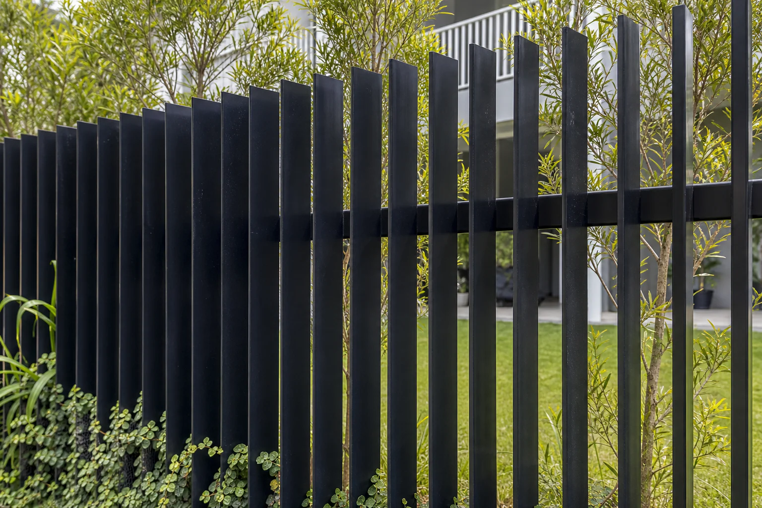 Solid rectangular steel blades rotating from face view to edge view in a landscaped boundary