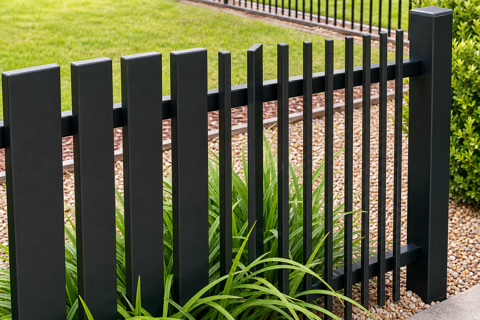Installed fence panel comparing deeper rectangular steel battens with narrower blade profiles