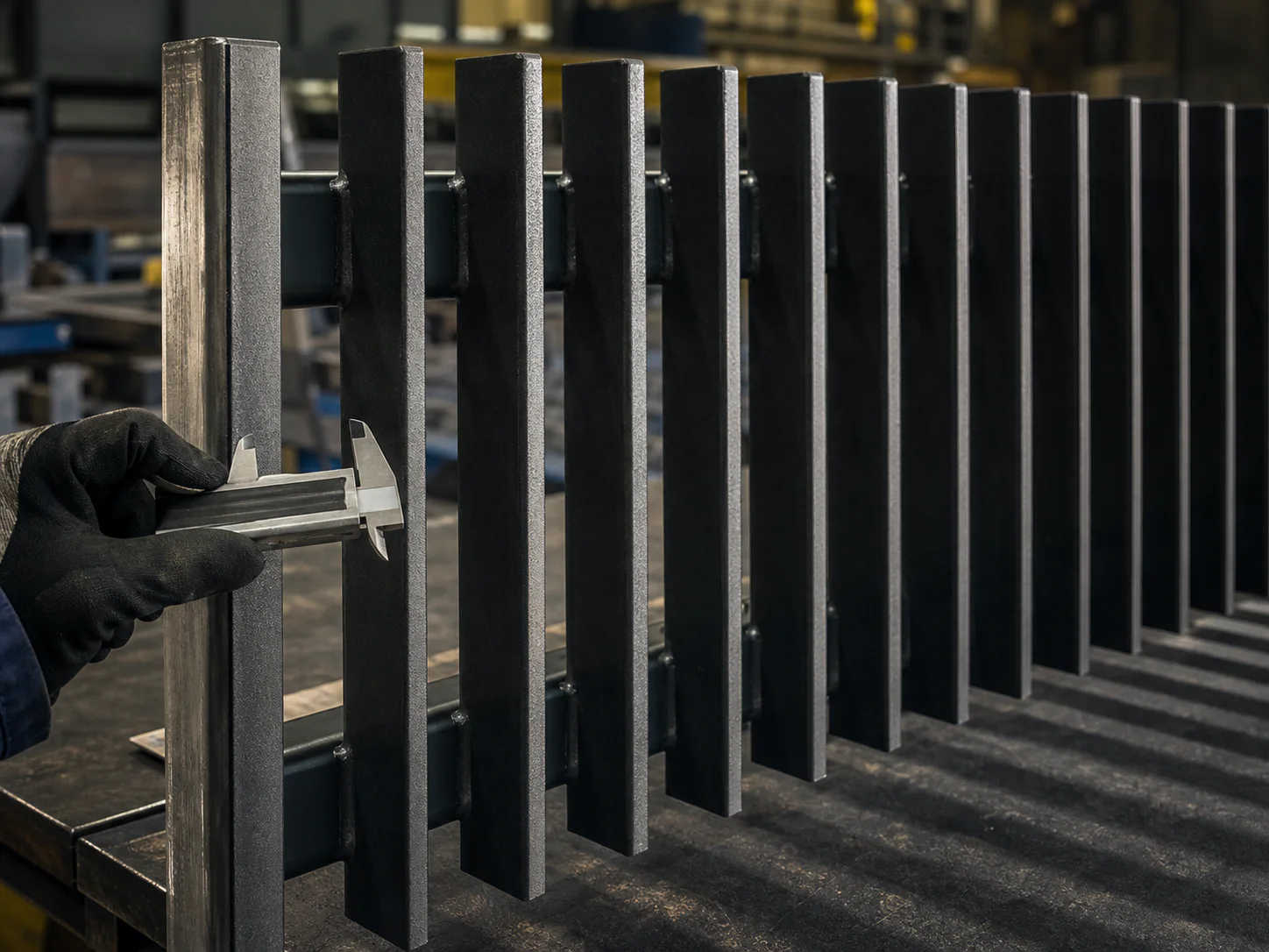 Factory technician measuring the width of a black steel blade section on a welded fence panel